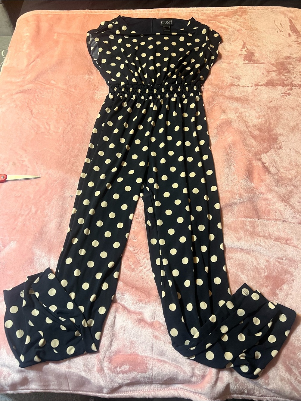 Enfocus Studio Black Jumpsuit with Cream Polka Dot Print